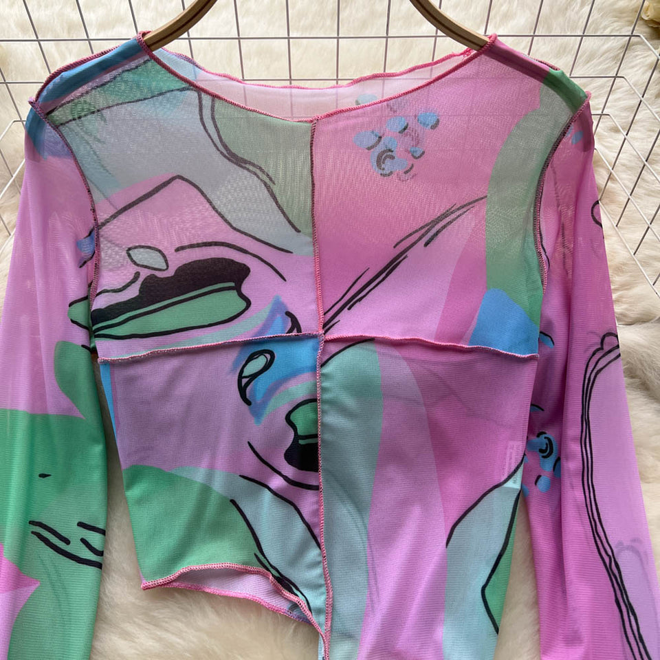 Niş Örgü Patchwork Renkli Baskılı Gömlek
