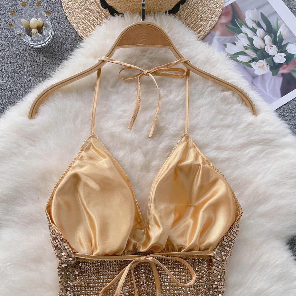 Stamp Halter Yaka Crop Bluz