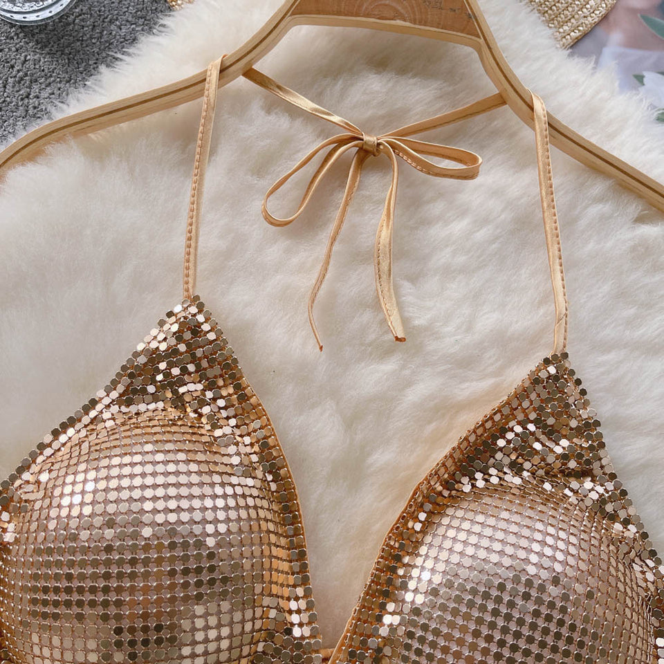 Stamp Halter Yaka Crop Bluz