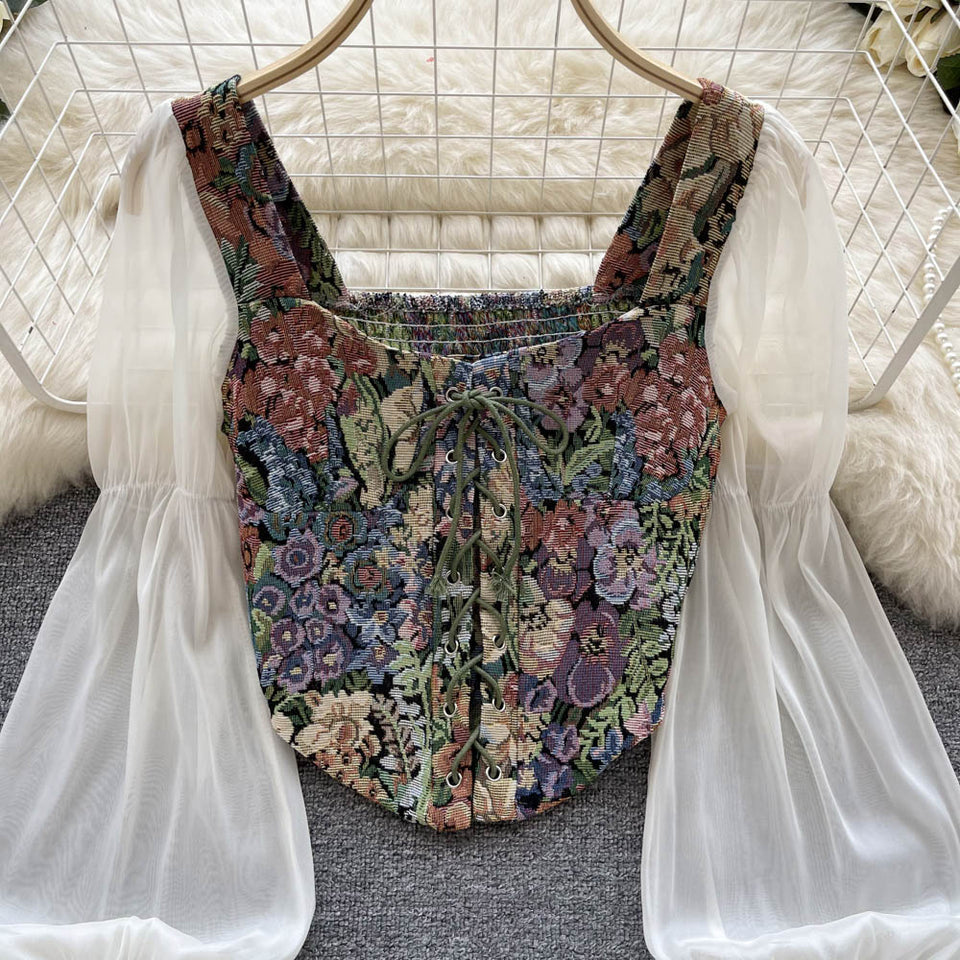 Yağlı Boya Baskılı Dantel Patchwork Üst