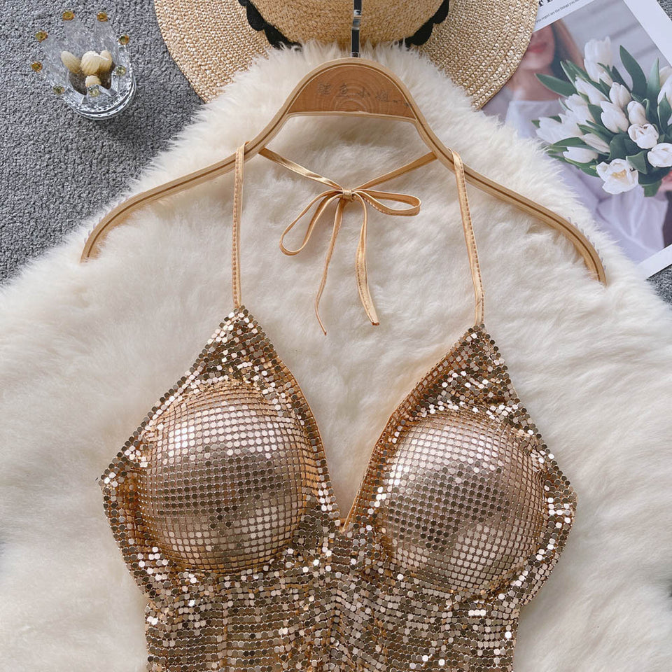 Stamp Halter Yaka Crop Bluz