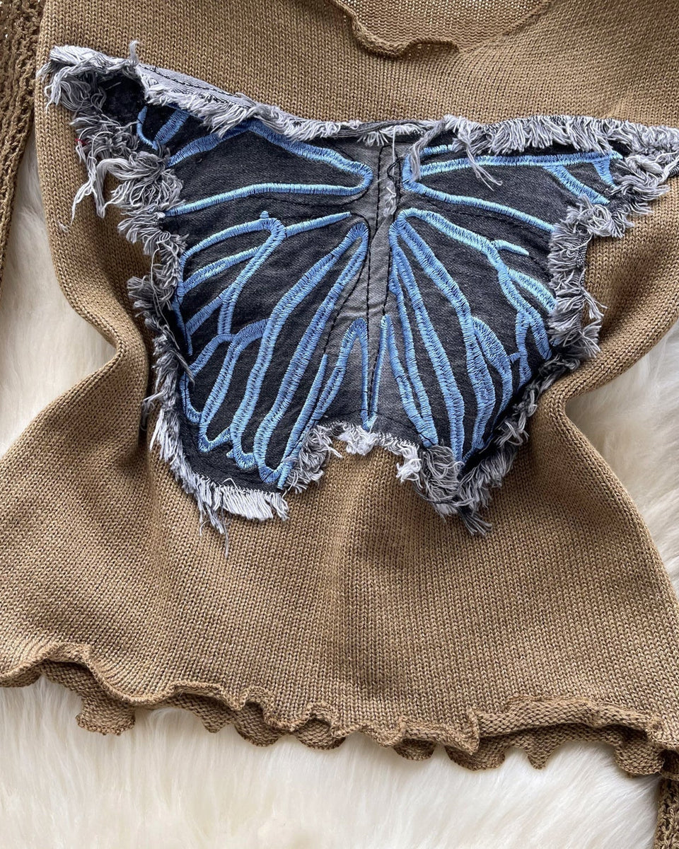 Vintage Kelebek Desenli Triko Bluz