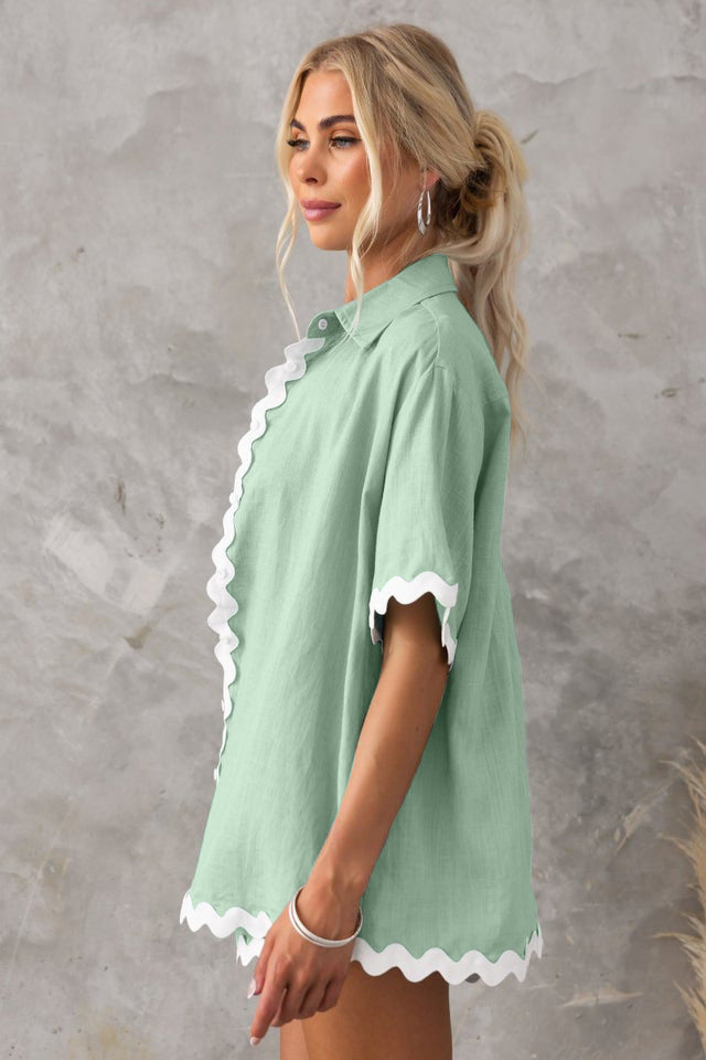 Düz Cardigan Takımı Dalgalı Dikişlerle