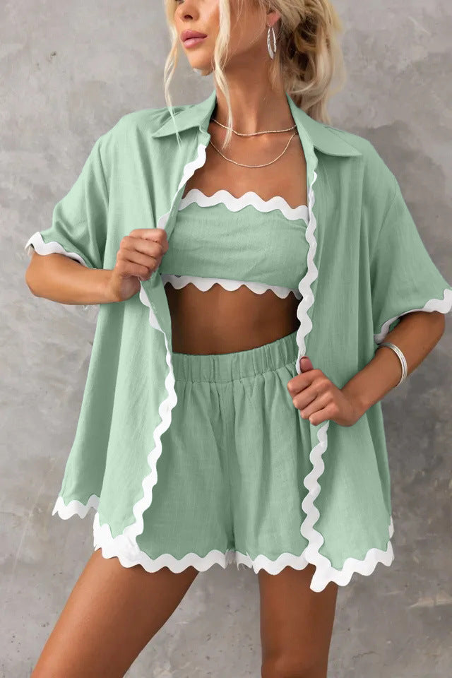 Düz Cardigan Takımı Dalgalı Dikişlerle