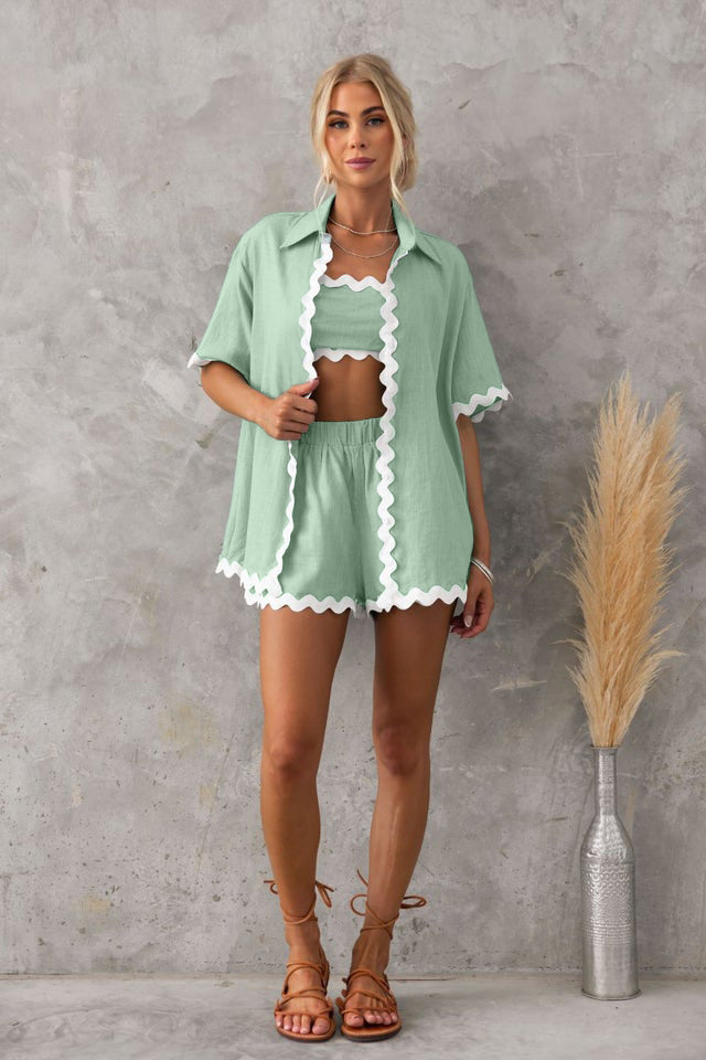 Düz Cardigan Takımı Dalgalı Dikişlerle