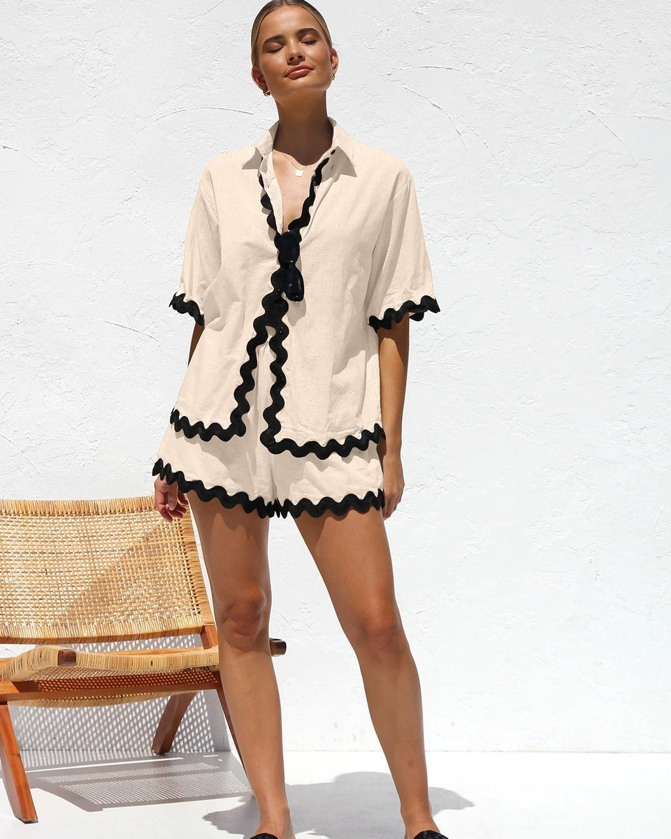 Düz Cardigan Takımı Dalgalı Dikişlerle