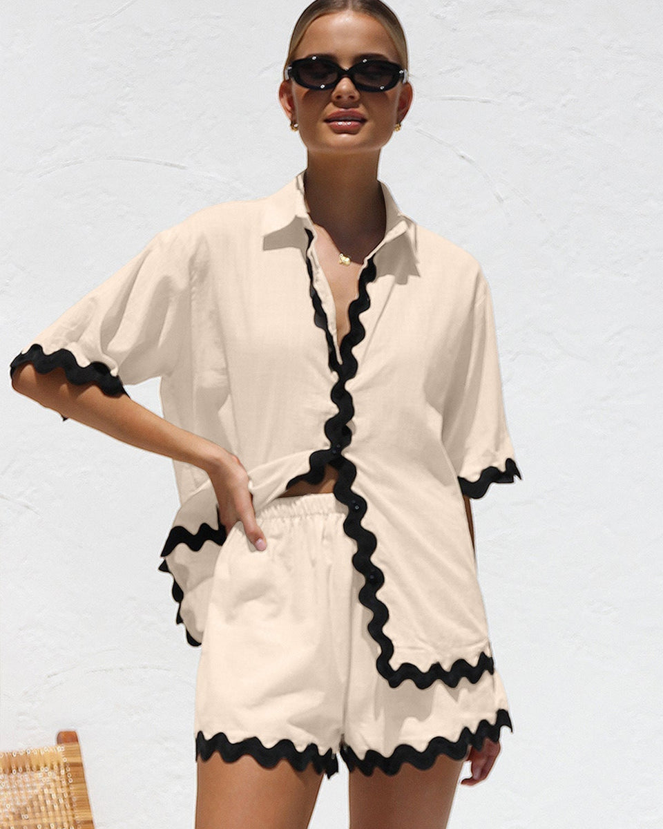 Düz Cardigan Takımı Dalgalı Dikişlerle