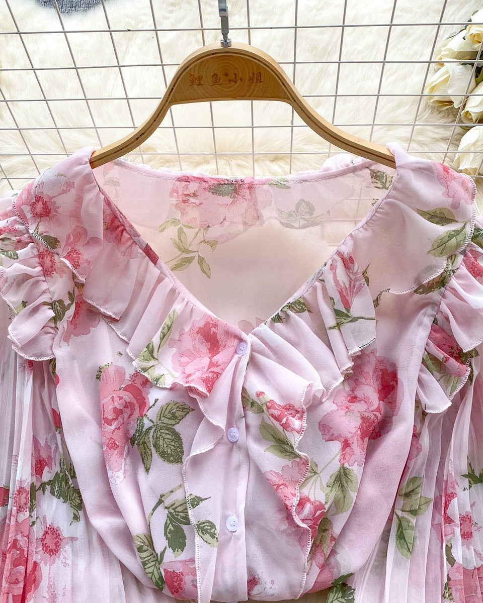 Tatlı Ruffled Şifon Çiçekli Bluz