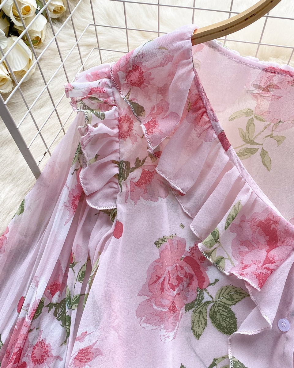 Tatlı Ruffled Şifon Çiçekli Bluz