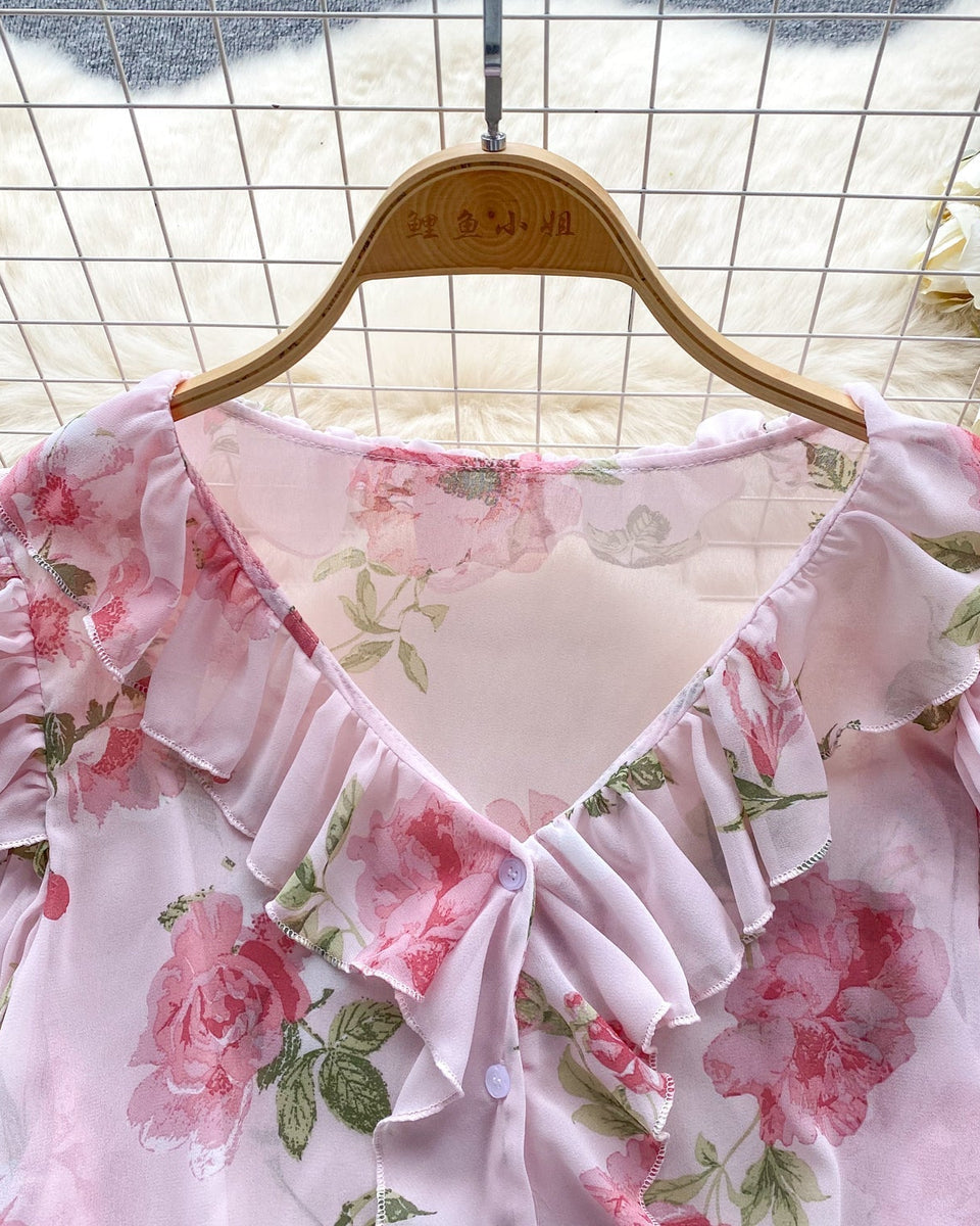 Tatlı Ruffled Şifon Çiçekli Bluz