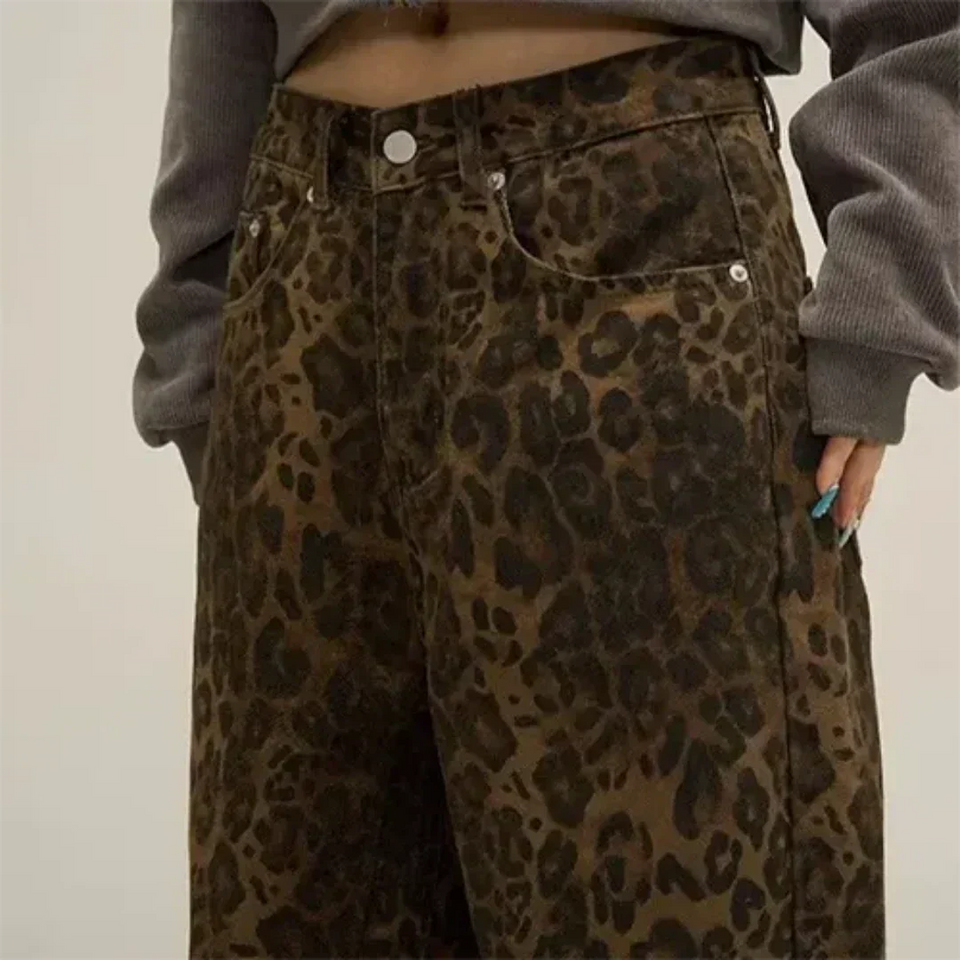 Effiemin | Kadın Leopar Desenli Pantolon | Geniş Paça