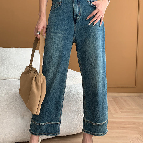 Modern Mavi Cepli Yüksek Bel Denim Kısa Pantolon Sonbahar