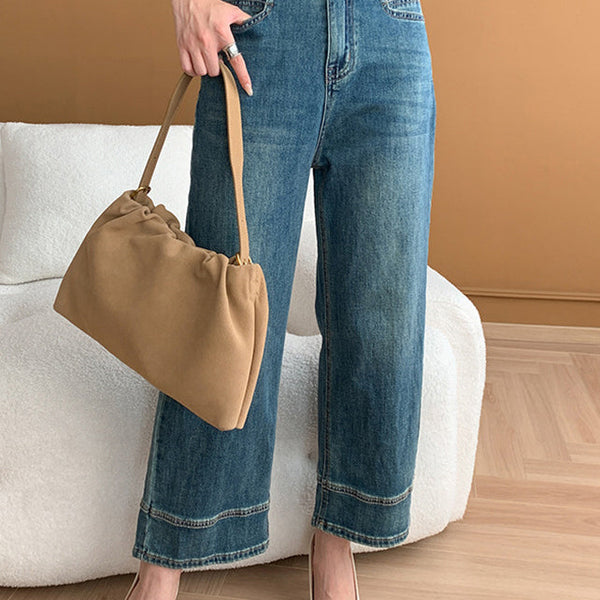 Modern Mavi Cepli Yüksek Bel Denim Kısa Pantolon Sonbahar