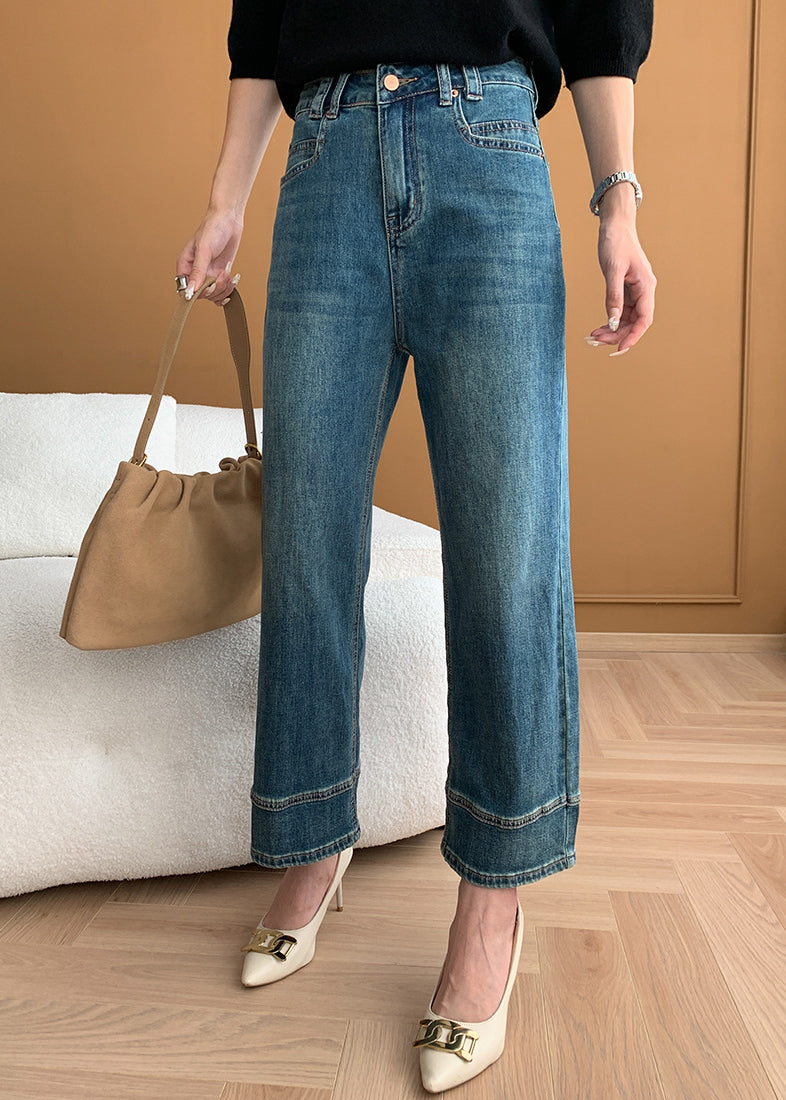 Modern Mavi Cepli Yüksek Bel Denim Kısa Pantolon Sonbahar