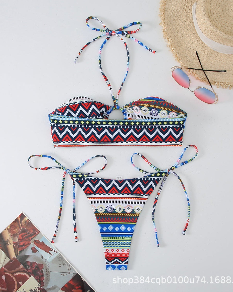 Baskılı Antik Stil Askılı Asılı Boyun Bikini