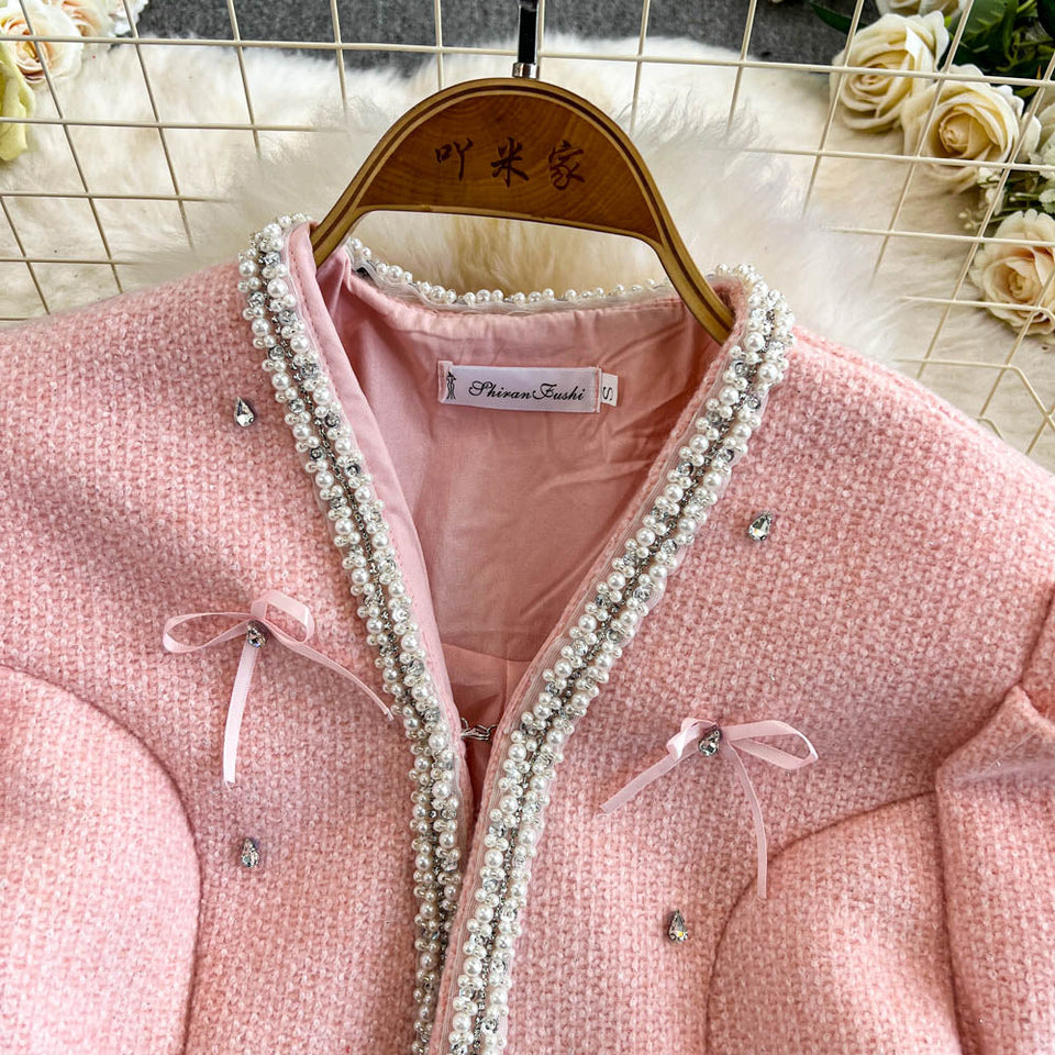 Fiyonk Boncuklu Pembe Tweed Üst