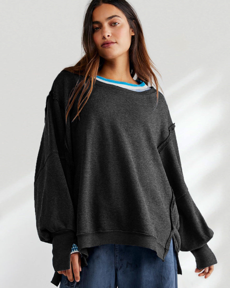 Yuvarlak Yaka Bol Kesim Yıpranmış Sweatshirt