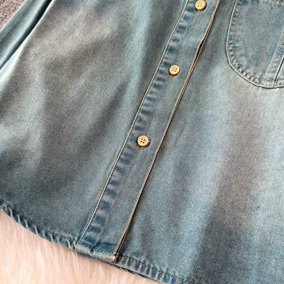 Şal Detaylı Yaka Açık Denim Gömlek