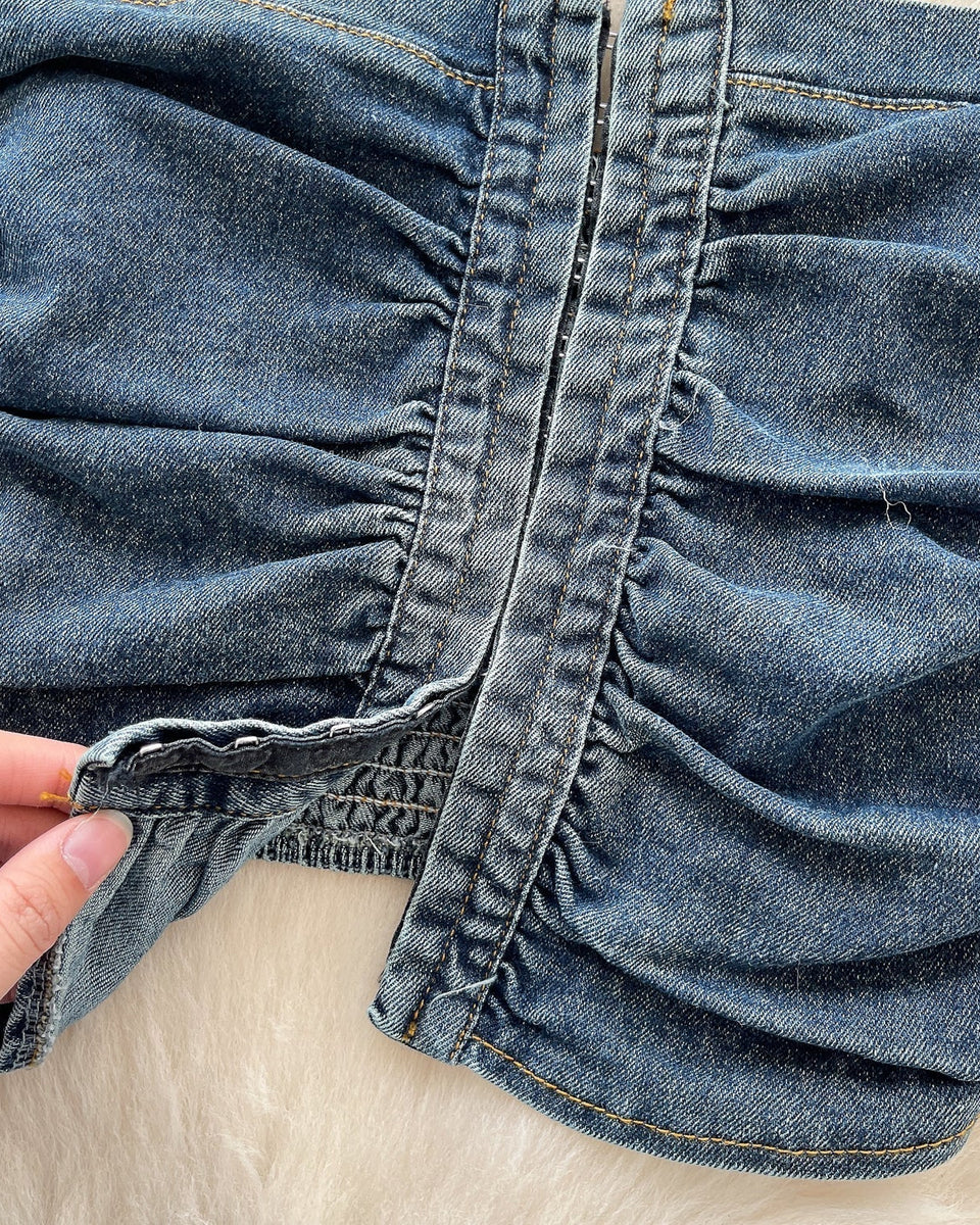 Vintage Denim Plise Askılı Üst