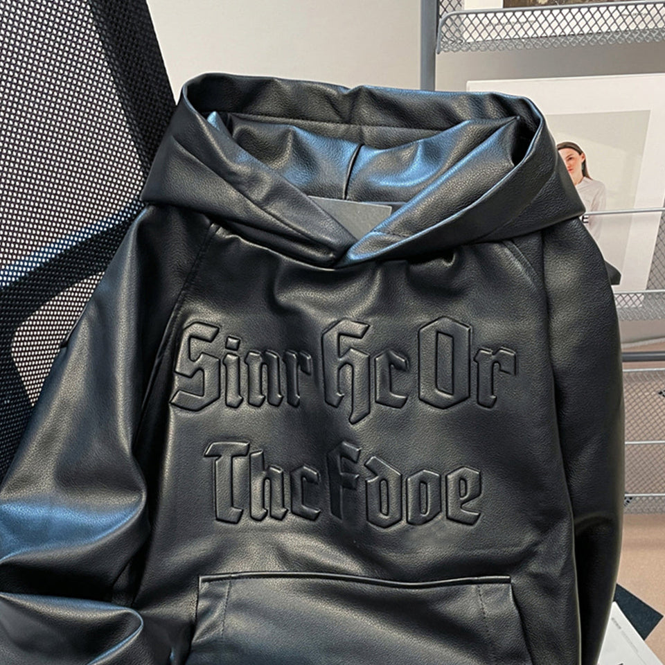 Şık Siyah PU Heykelsi Hoodie