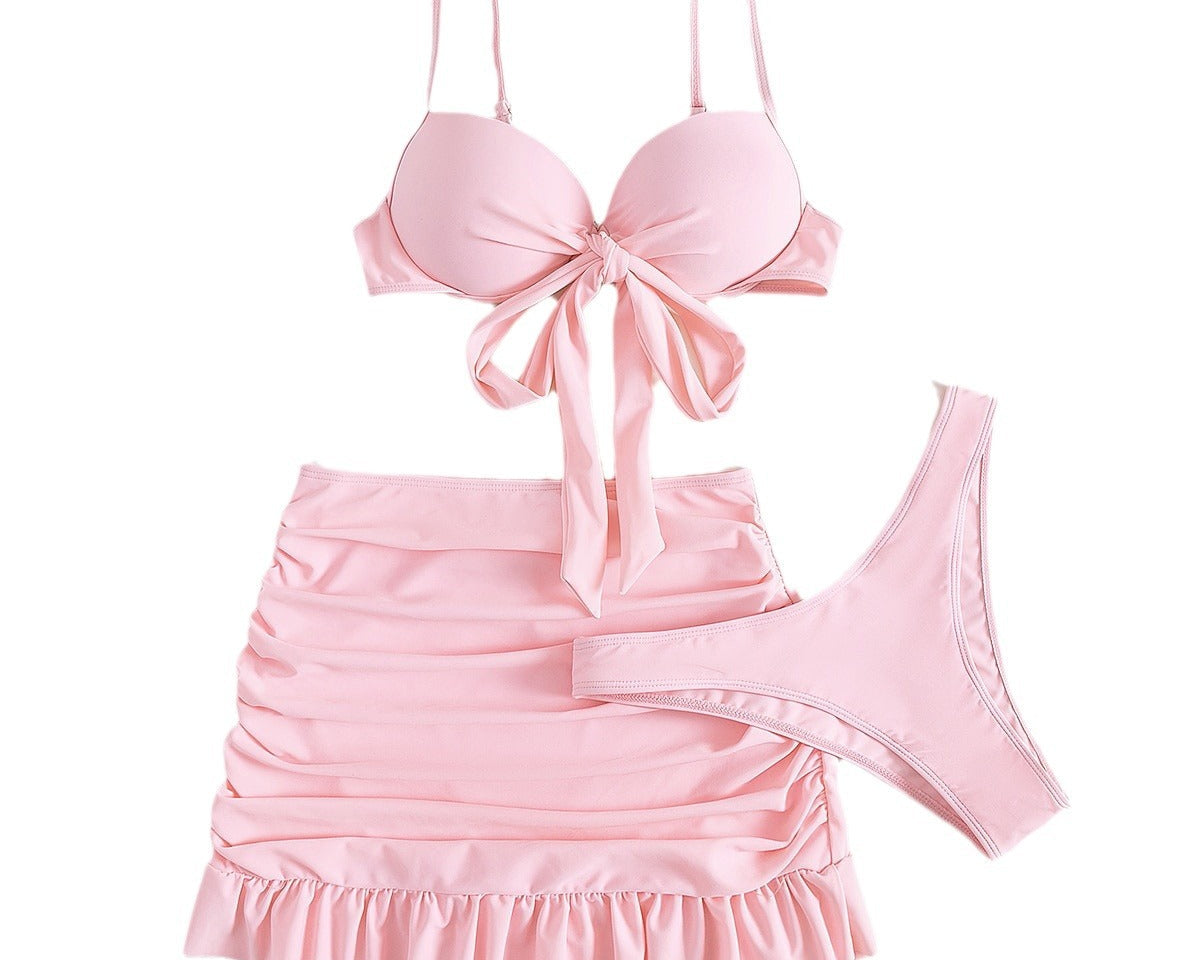 Düz Renk Üç Parça Yüksek Sarma Bikini