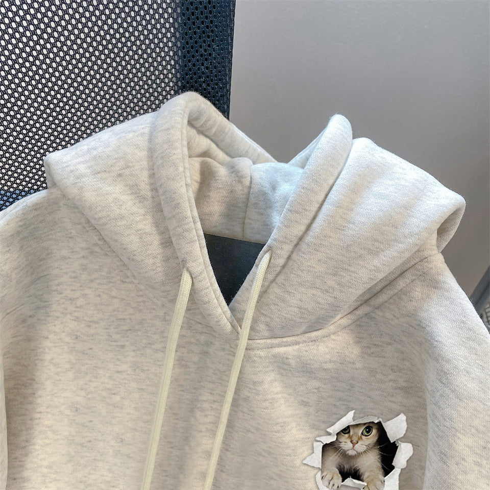 Kedi Baskılı Termal Kapüşonlu Sweatshirt