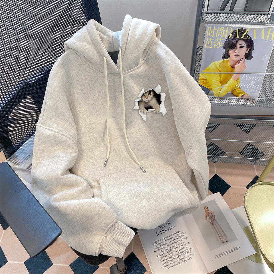 Kedi Baskılı Termal Kapüşonlu Sweatshirt