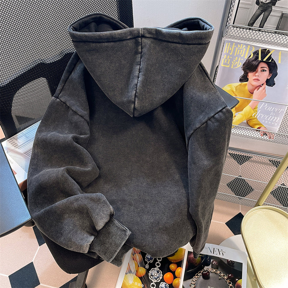 Oversize Yıpranmış Baskılı Kapüşonlu Sweatshirt