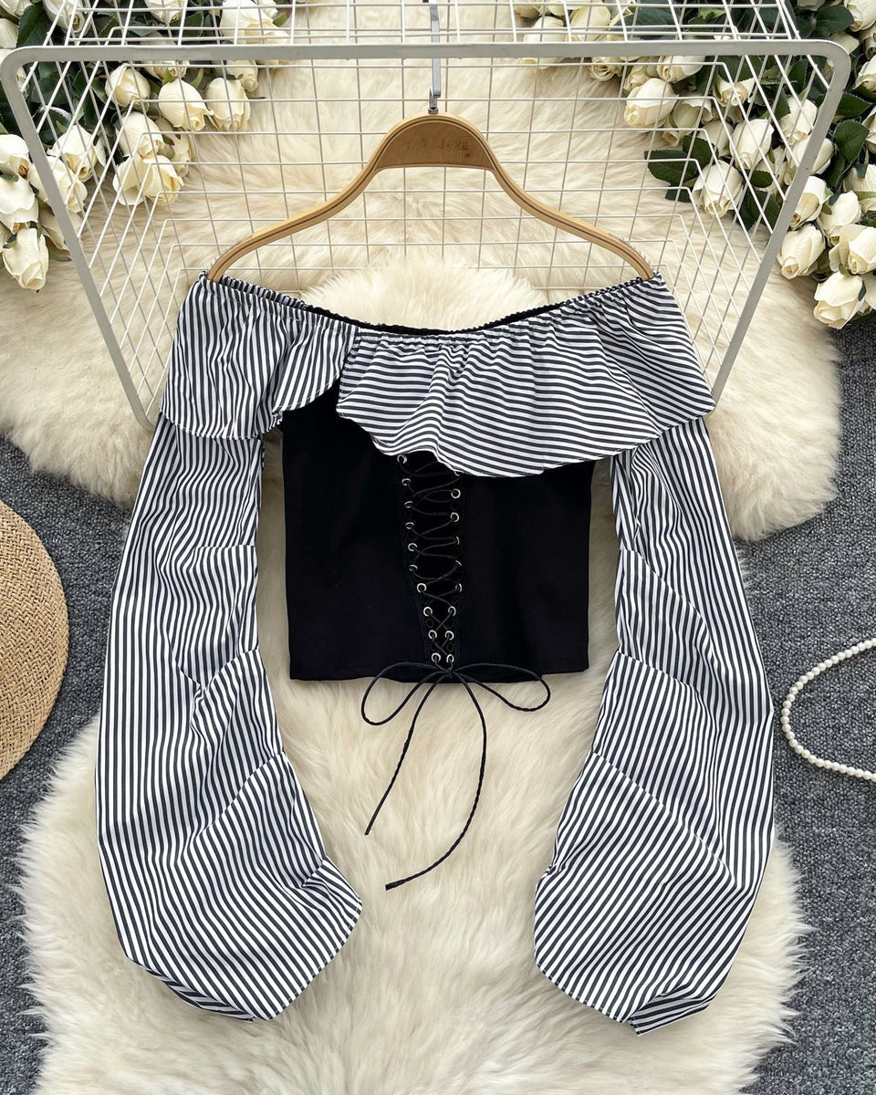 Omuz Açık Çizgili Patchwork Üst