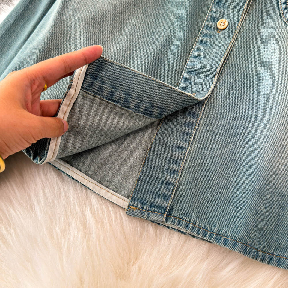 Şal Detaylı Yaka Açık Denim Gömlek