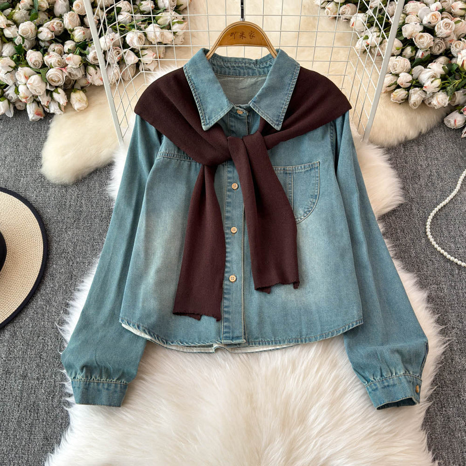 Şal Detaylı Yaka Açık Denim Gömlek