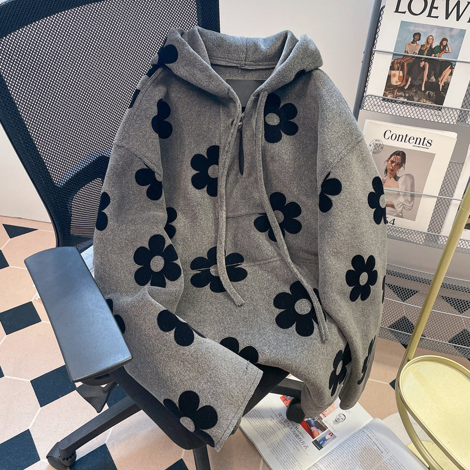 Siyah Çiçekli Gri Lambswool Kapüşonlu Sweatshirt