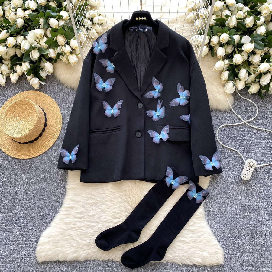 3D Mavi Kelebek Siyah Blazer