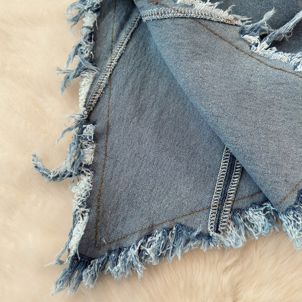 Düzensiz Tasarım Kabarık Denim Sıfır Yaka Bluz