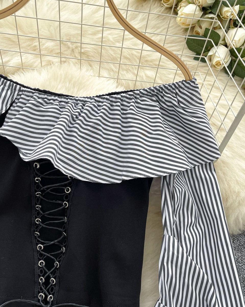 Omuz Açık Çizgili Patchwork Üst