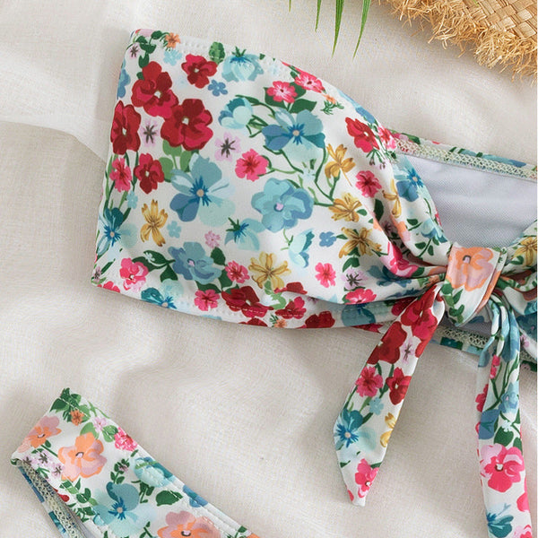 Çiçek Desenli Split Üçgen Spa Bikini