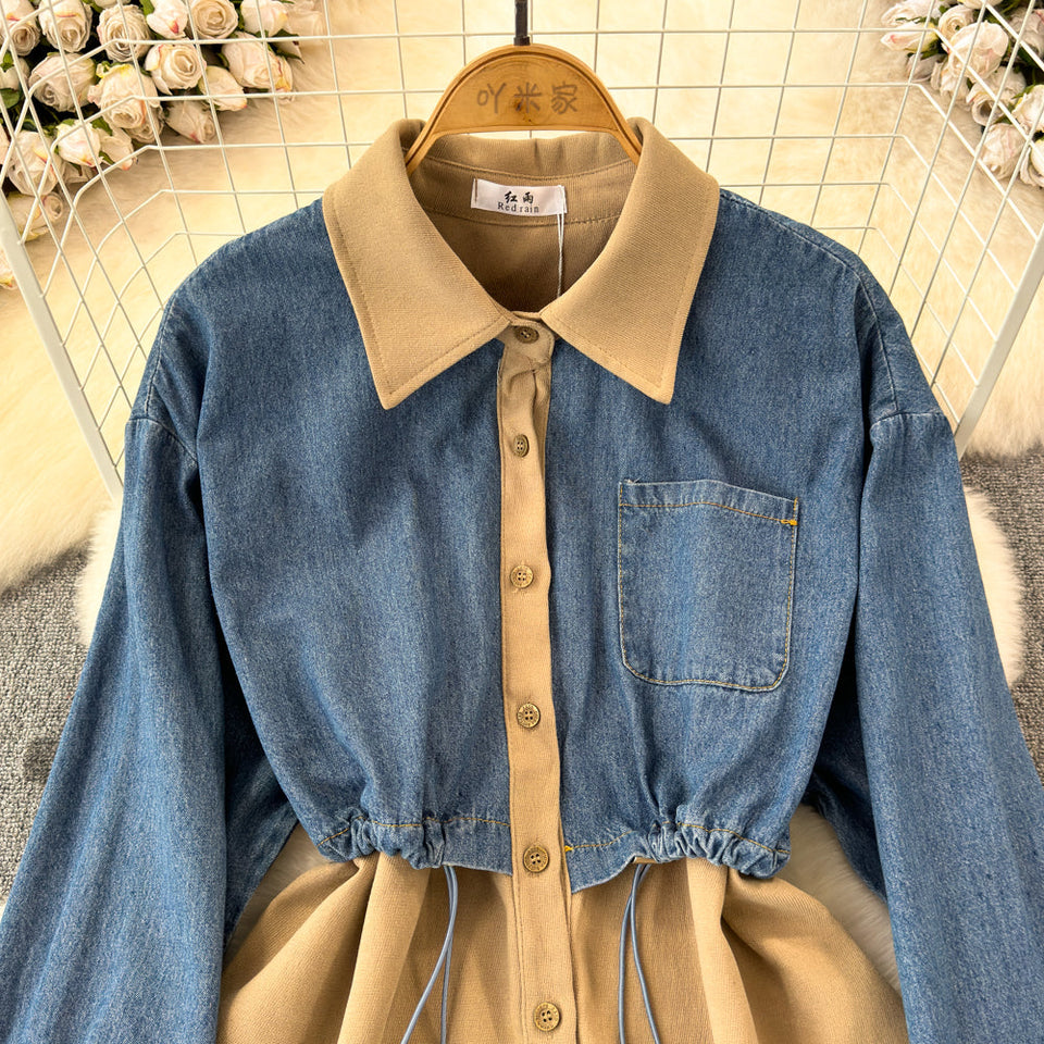 Şık Denim Patchwork Esnek Gömlek
