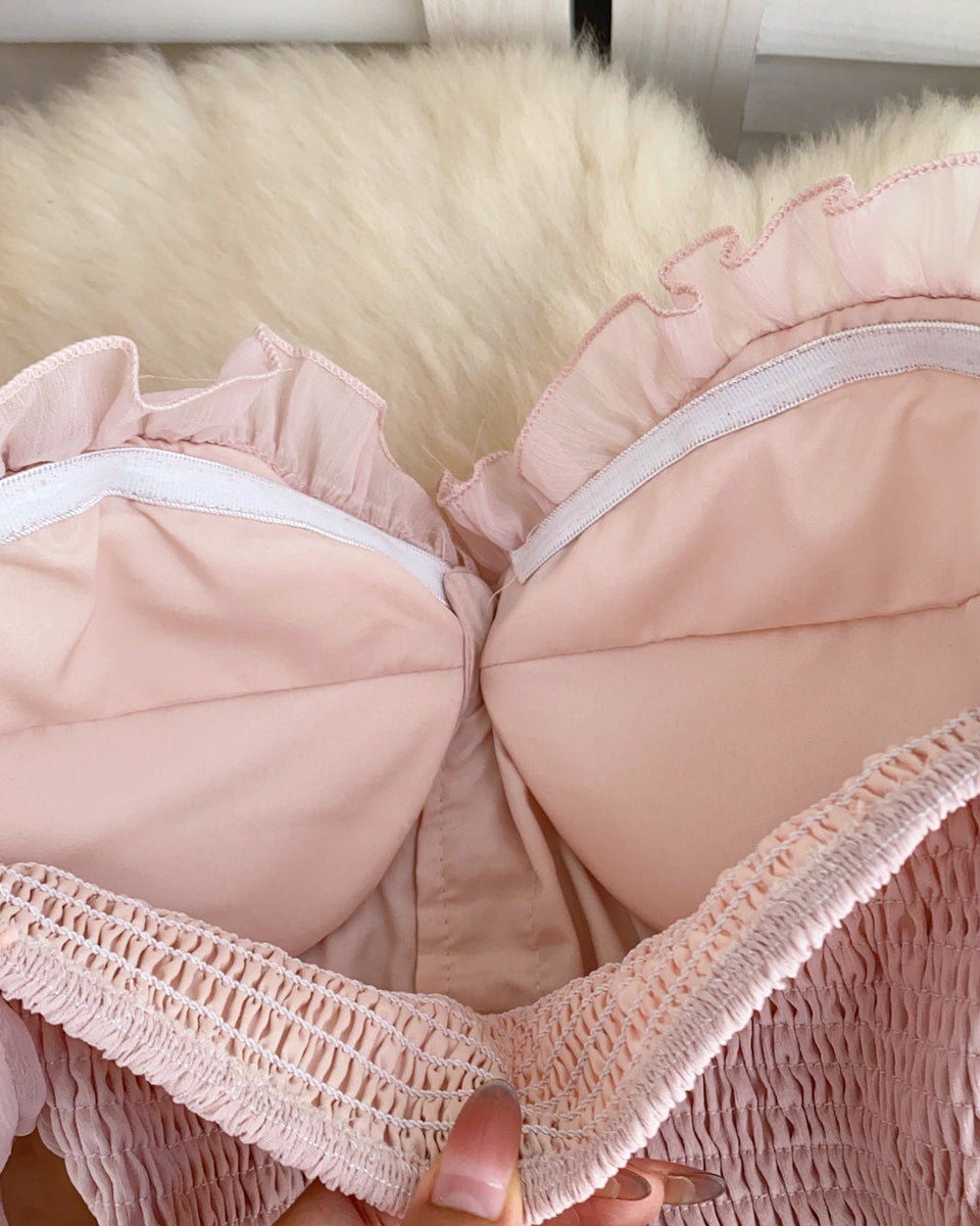 Askısız Volanlı Pembe Şifon Bluz