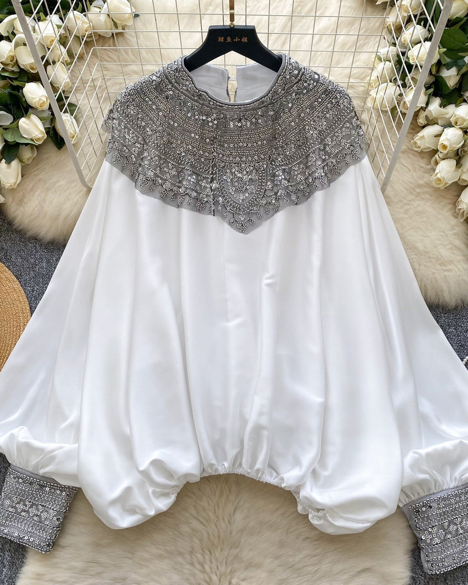 Etnik Stil Boncuklu Yarasa Kol Gömlek