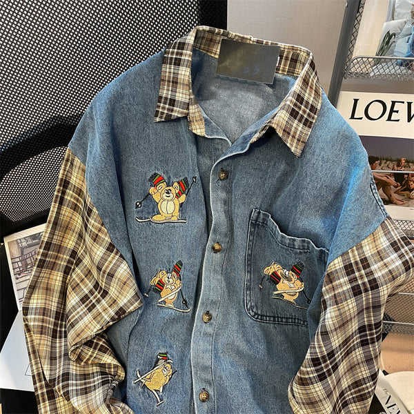 Vintage Denim Patchwork Ekose Gömlek
