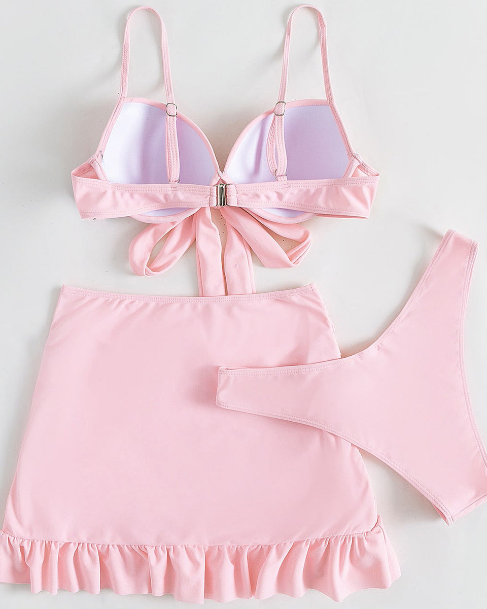 Düz Renk Üç Parça Yüksek Sarma Bikini
