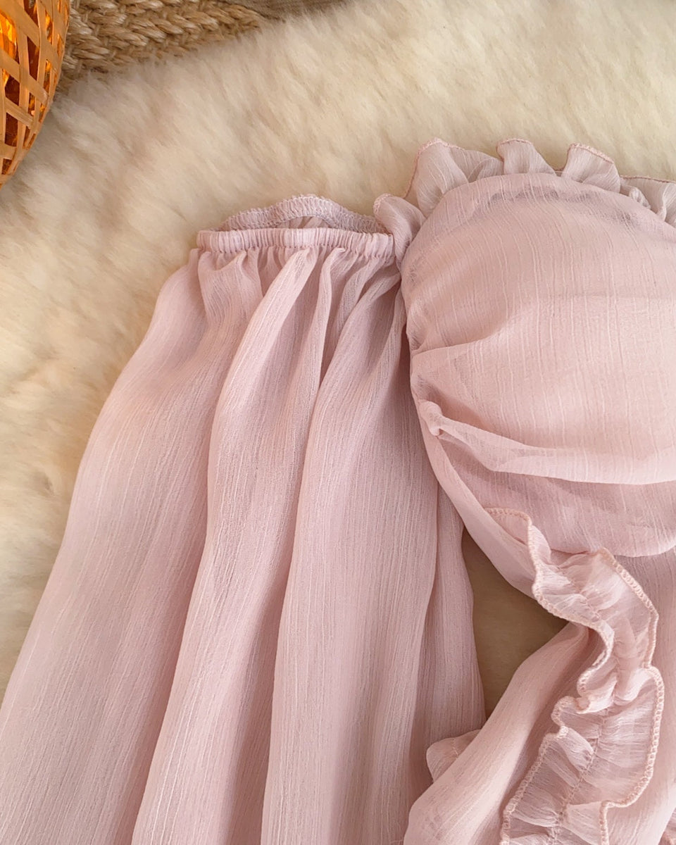 Askısız Volanlı Pembe Şifon Bluz