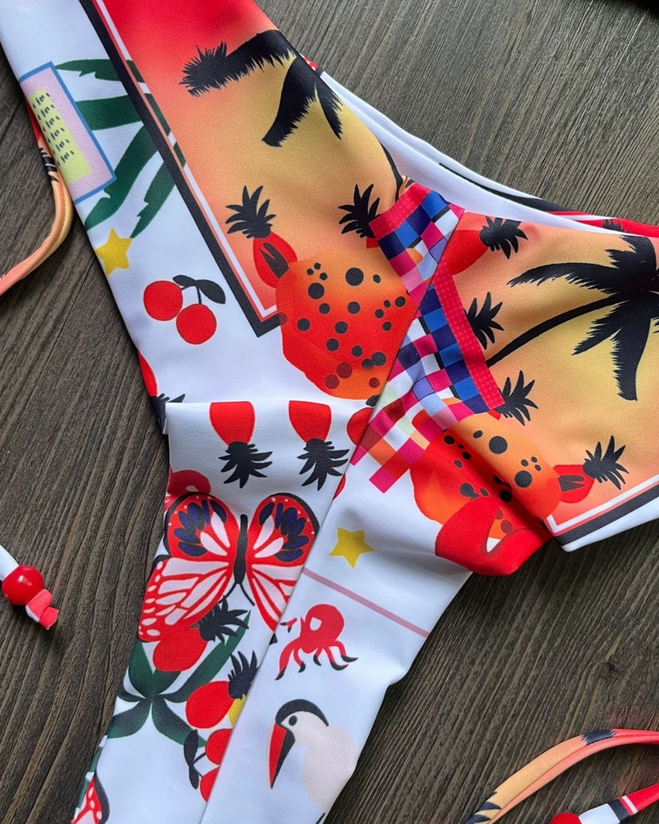 Baskılı Üçgen Bağlama İpli Üç Noktalı Bikini