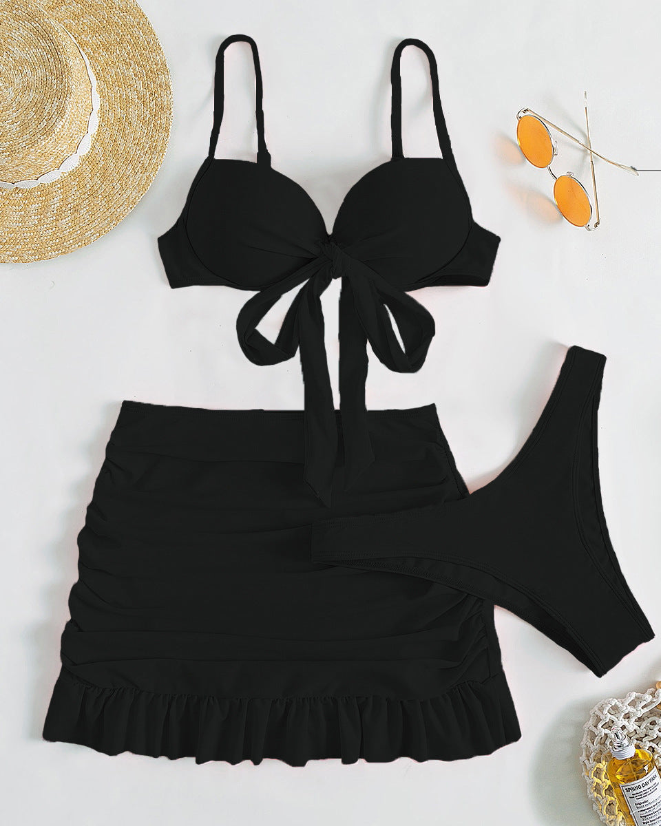 Düz Renk Üç Parça Yüksek Sarma Bikini