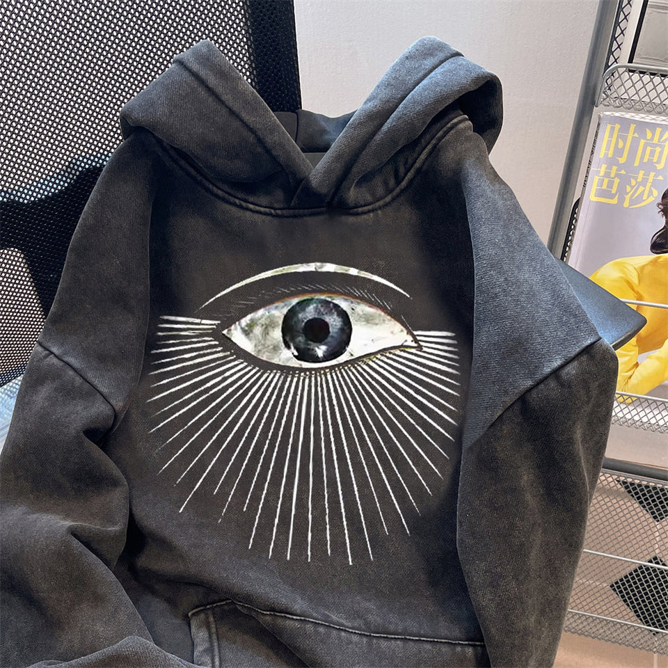 Oversize Yıpranmış Baskılı Kapüşonlu Sweatshirt