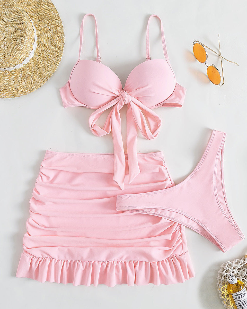 Düz Renk Üç Parça Yüksek Sarma Bikini