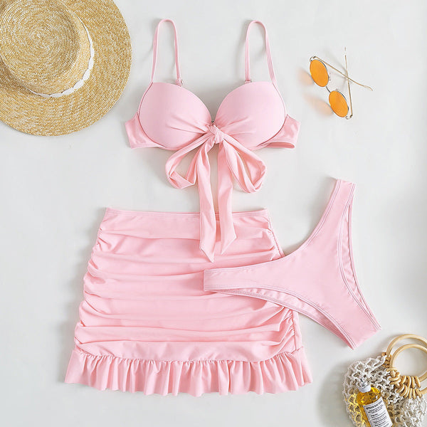 Düz Renk Üç Parça Yüksek Sarma Bikini