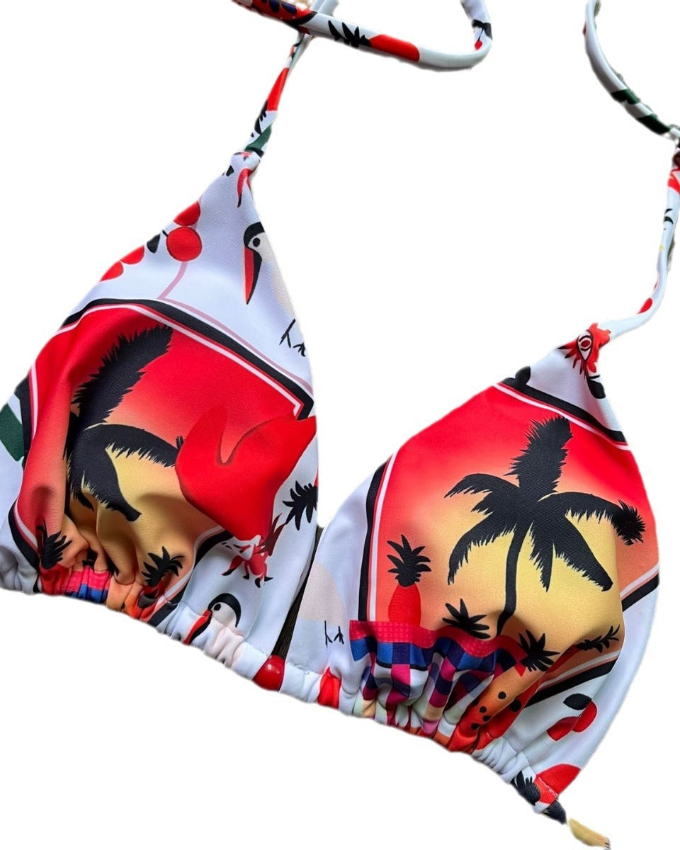 Baskılı Üçgen Bağlama İpli Üç Noktalı Bikini