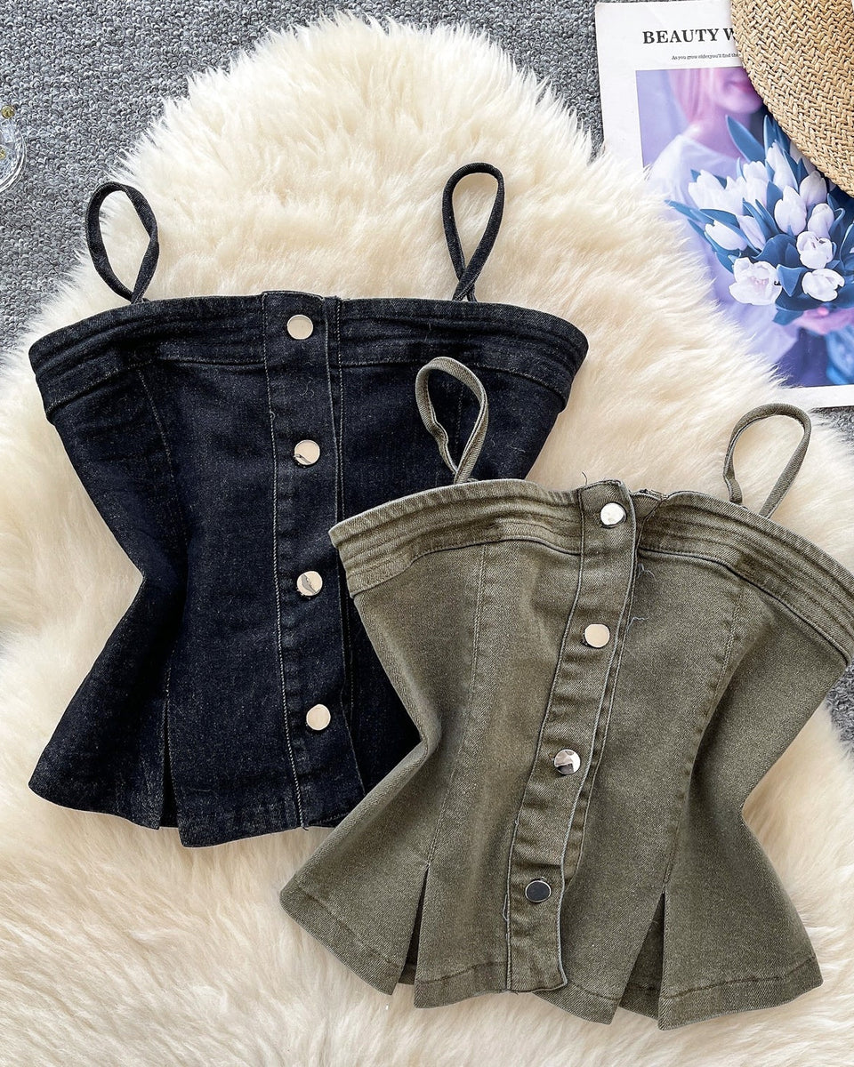 Kore Tarzı Niş Denim Askılı Tişört