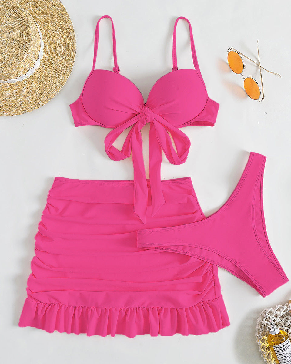Düz Renk Üç Parça Yüksek Sarma Bikini